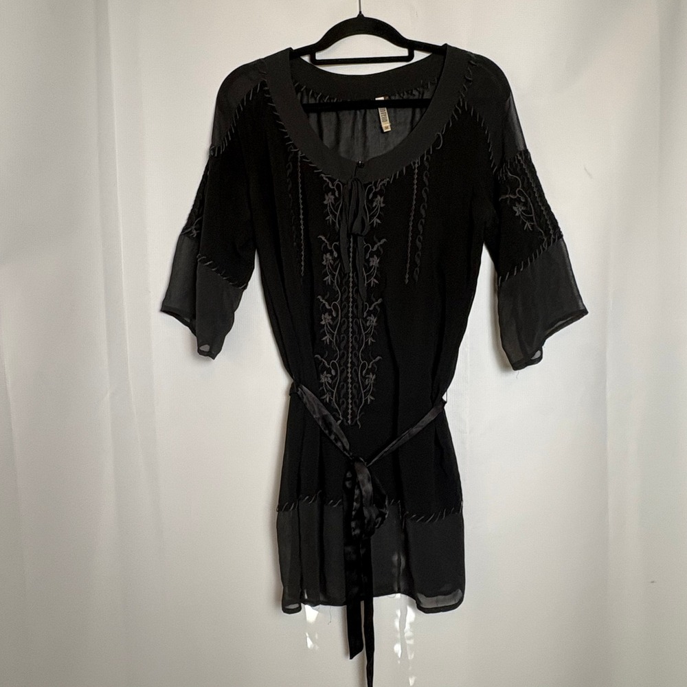Mon Petit Black Embroidered Sheer Tunic Top Tie Belt Size M Artsy Dark Fairy